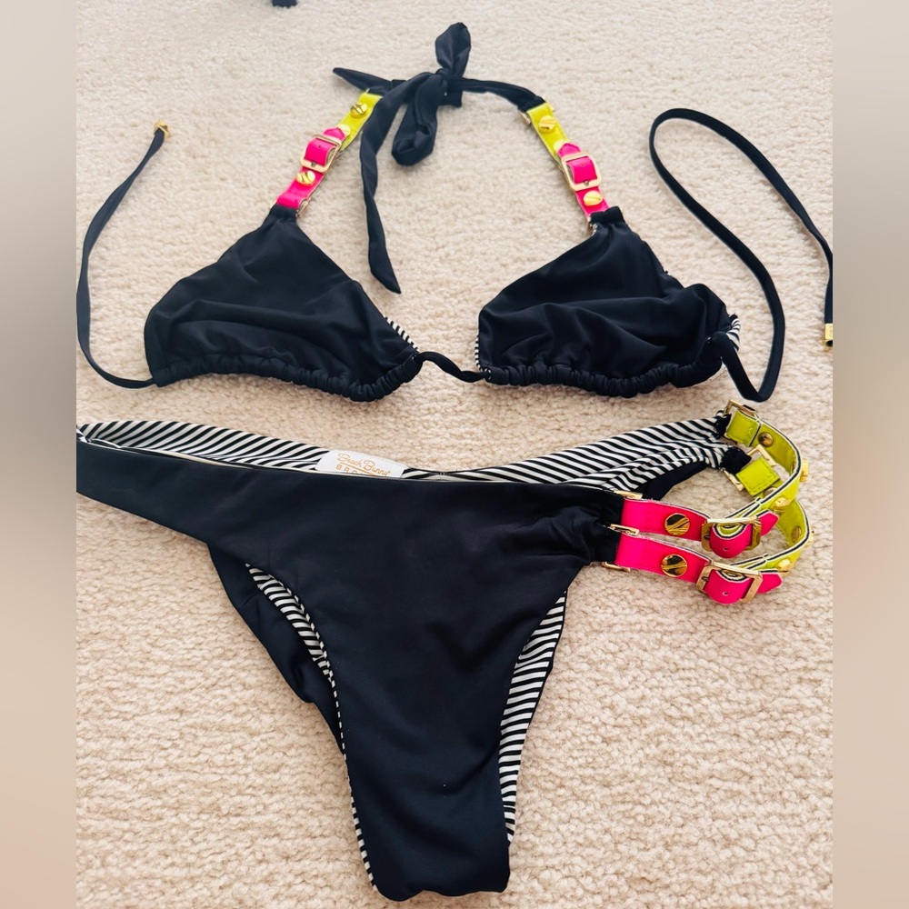 Beach Bunny Bronze top and bottom bikini with neon accents medium